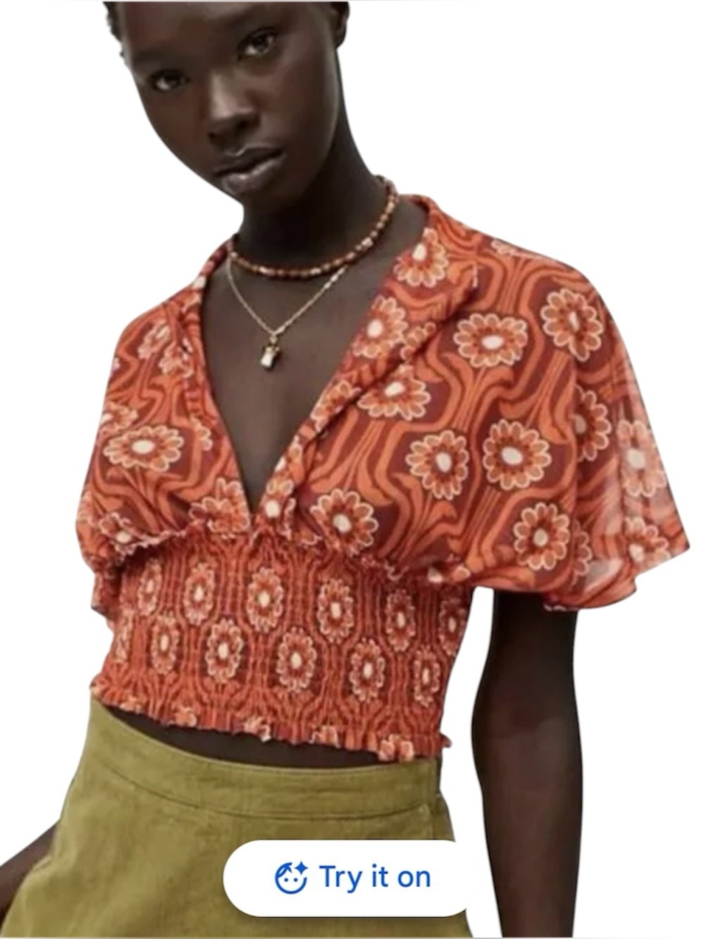Urban Outfitters Rita Mesh Smocked Retro 70's Floral Cropped Top Size Small